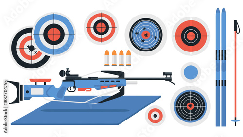 Biathlon equipment and targets in modern flat style design with crossbow illustration