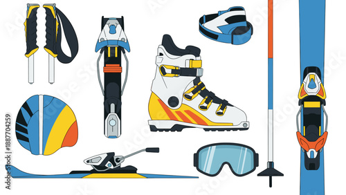 Modern flat design winter sports gear collection featuring ski equipment and accessories