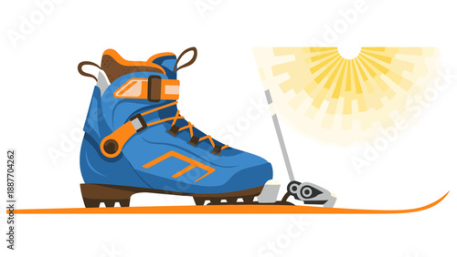 Stylish ski boot with sunburst in flat design for winter sports enthusiasts