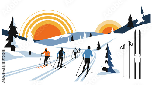 Scenic winter landscape featuring cross country skiers against a vibrant sunset