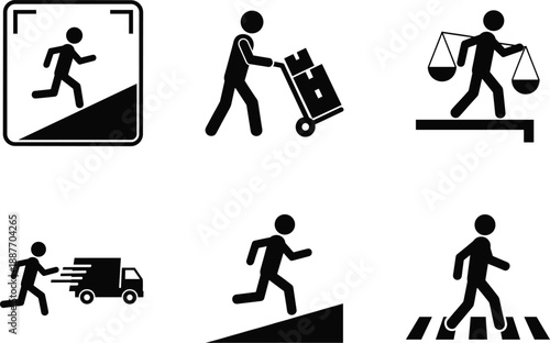 Silhouette Icons of Human Activity. Running, Delivery, Justice, Urgency, Uphill Effort, Manual Labor, Pedestrian Safety, Motion, Work, Movement