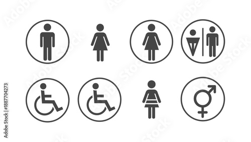 Collection of restroom signs including male female disabled and gender symbols.