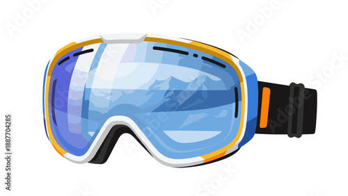 Modern ski goggles with mountain reflection in blue and orange design