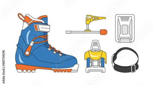 Ski boot and gear set in colorful flat style for winter sports equipment design