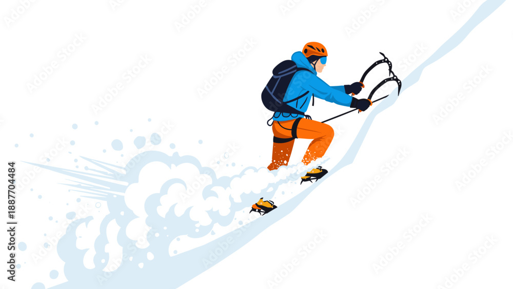 Obraz premium Climber ascending snowy mountain with ice picks in dynamic winter adventure scene