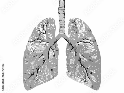 Anatomical illustration of human lungs with branching airways and textures