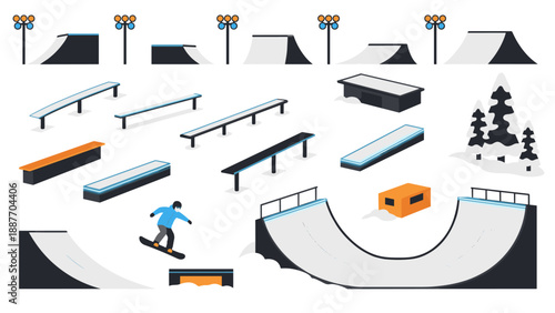 Isometric skatepark elements and snowboarding scene with winter features