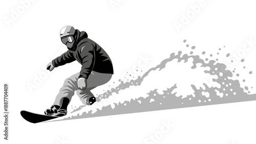 Snowboarder shredding powder in dynamic black and white silhouette style