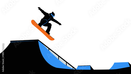 Silhouette of snowboarder performing jump on skate ramp with blue accents