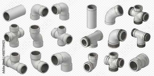 Set of PVC plastic pipes and fittings for plumbing and construction work.