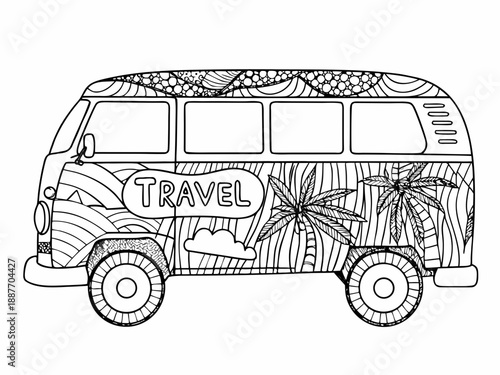 Intricate floral and wave patterns adorn a vintage travel van illustration