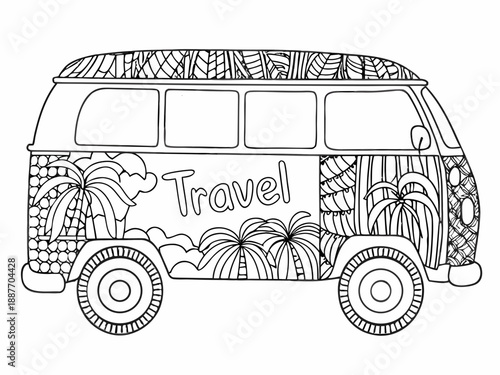 Detailed illustration of a vintage van with floral and travel themed designs