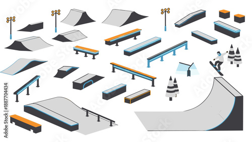 Isometric skate park elements with ramps, rails, and urban features