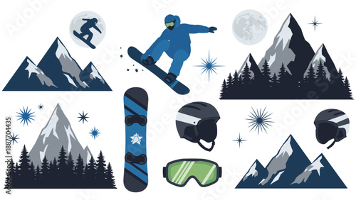 Winter snowboarding adventure with mountains and gear designs