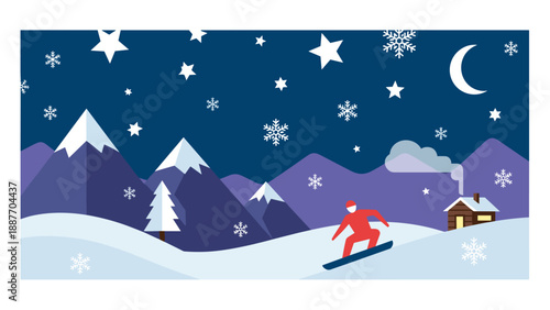 Snowy night scene with snowboarder and cozy cabin in geometric design