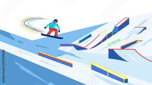 Snowboarder performing tricks on colorful urban slope in winter sports art