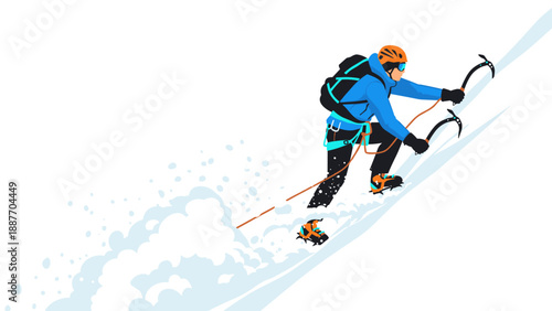 Adventurous climber ascending snowy peak with ice axes in dynamic flat design