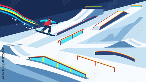 Colorful snowboarder in action on winter sports park ramps