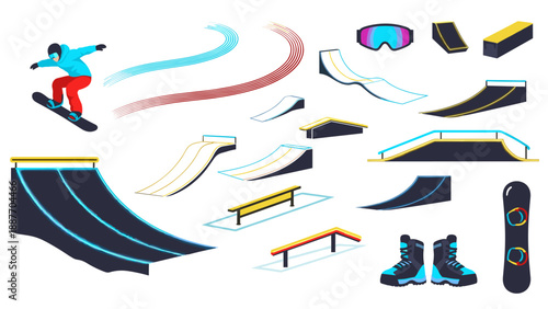 Dynamic snowboarding design set with equipment and ramp elements in modern flat style