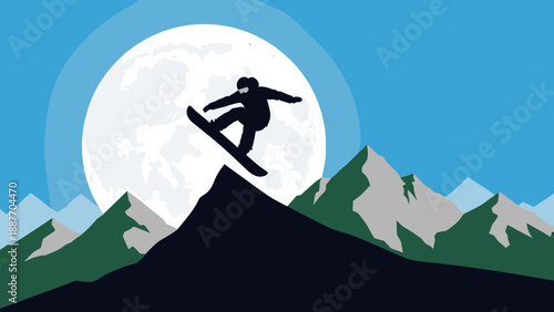 Snowboarder in mid-air against full moon and mountain background