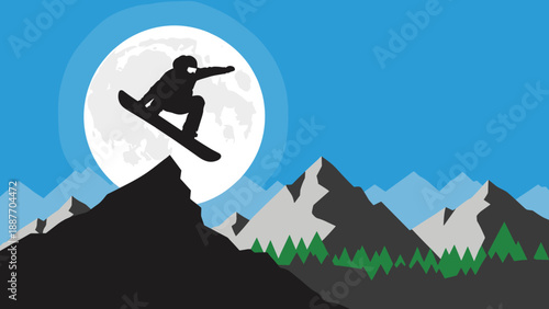 Silhouette of snowboarder jumping over mountains in full moon night scene