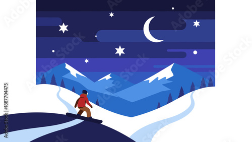 Snowboarder under starry night sky in flat minimalist mountain landscape