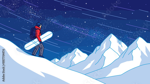 Snowboarder under starry night sky in winter mountain landscape
