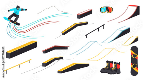 Dynamic snowboarder and colorful elements with snowboarding accessories