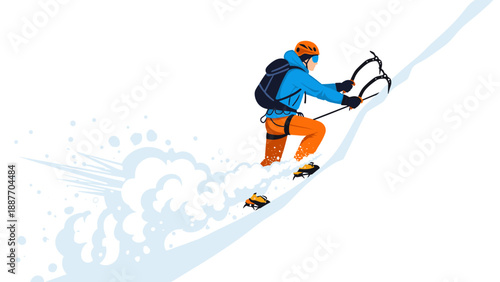 Climber ascending snowy mountain with ice picks in dynamic winter adventure scene