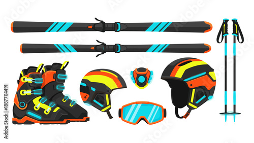 Bold ski equipment in neon accents for winter sports enthusiasts