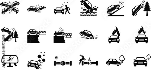Vehicle Accident and Breakdown Icon Set – Car Crash, Collision, Fire, Skid, Mechanical Failure, Road Hazard, Impact, Emergency
