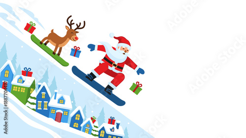 Festive santa and reindeer snowboarding down a winter wonderland slope