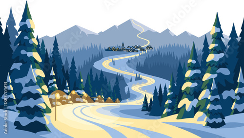 Winter wonderland: snowy village landscape with mountains and pine trees