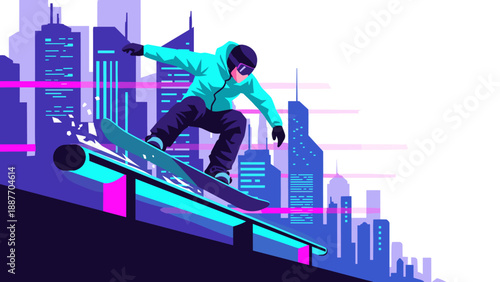Modern urban snowboarding in neon cityscape with vibrant colors
