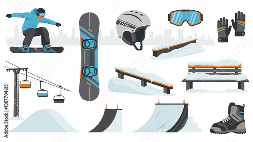 Winter sports equipment and activities: colorful flat design collection for snowboarding enthusiasts