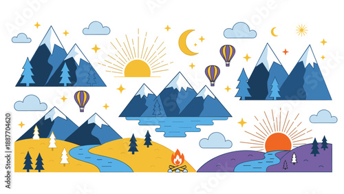 Vibrant mountain landscape with hot air balloons and sunset