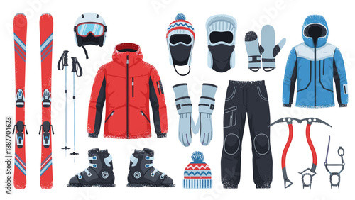 Outdoor winter sports gear collection featuring ski equipment, jackets, and accessories