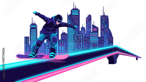 Cyberpunk snowboarder in futuristic cityscape with neon lights