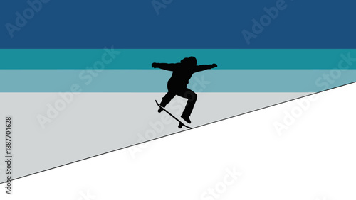 Dynamic silhouette of skateboarder soaring against geometric stripes background