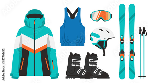 Winter sports gear: ski jacket, boots, poles, and accessories