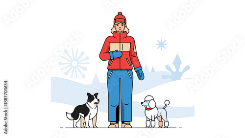 Winter walk with dogs in snowy landscape with warm clothing and snowflakes