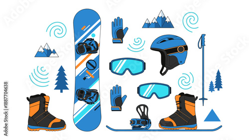 Colorful snowboarding gear with helmet, gloves, and goggles on white background