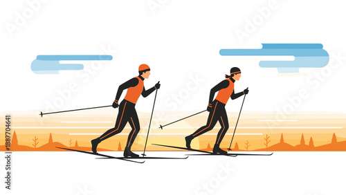 Cross country skiers in flat design with winter sunset background