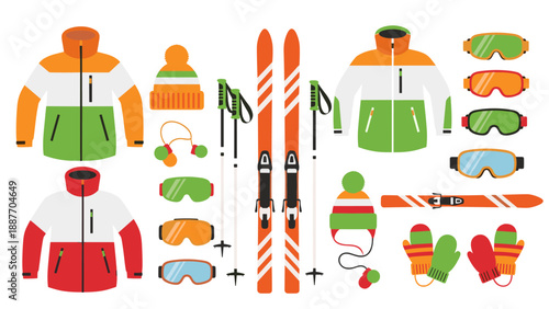 Colorful winter sports gear collection featuring jackets, skis, and accessories