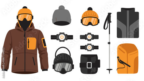 Winter sports gear set: jacket, goggles, backpack, hat, and accessories