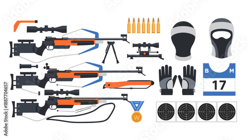 Biathlon equipment set with rifles and gear in flat design