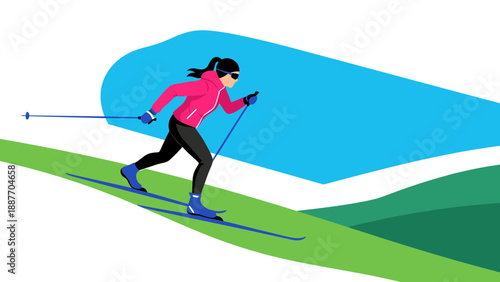 Winter sport: dynamic cross country skiing in vibrant minimalist style