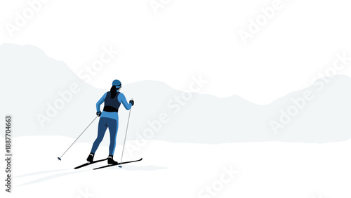 Minimalist winter scene with skier in motion in snowy landscape