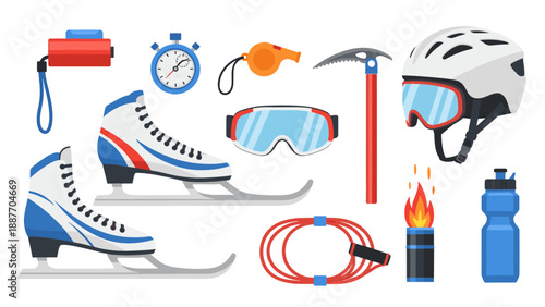 Winter sports equipment collection: skates, helmet, goggles, and more essentials