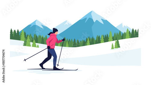 Winter adventure in nature: cross-country skier amidst snowy mountains and pine trees